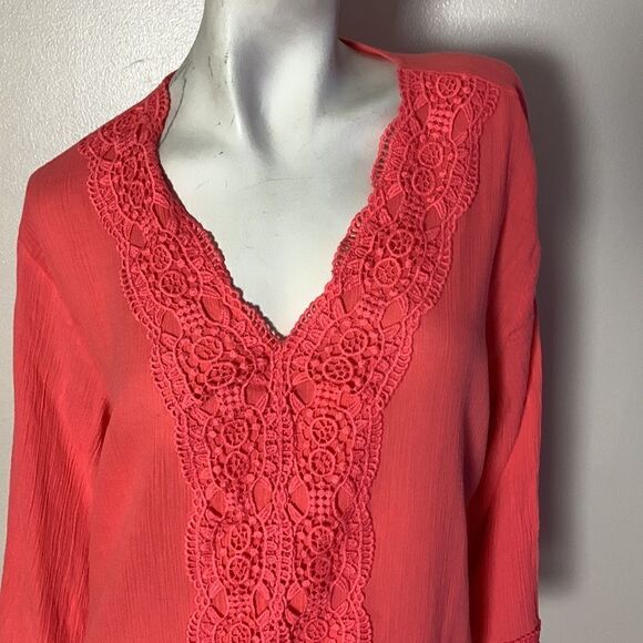 Isaac Mizrahi New York Womens gauze tunic top shirt medium lightweight crochet - Picture 2 of 8